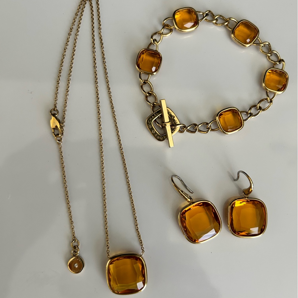 Michael Kors Citrine gold pendant necklace with earrings and toggle bracelet